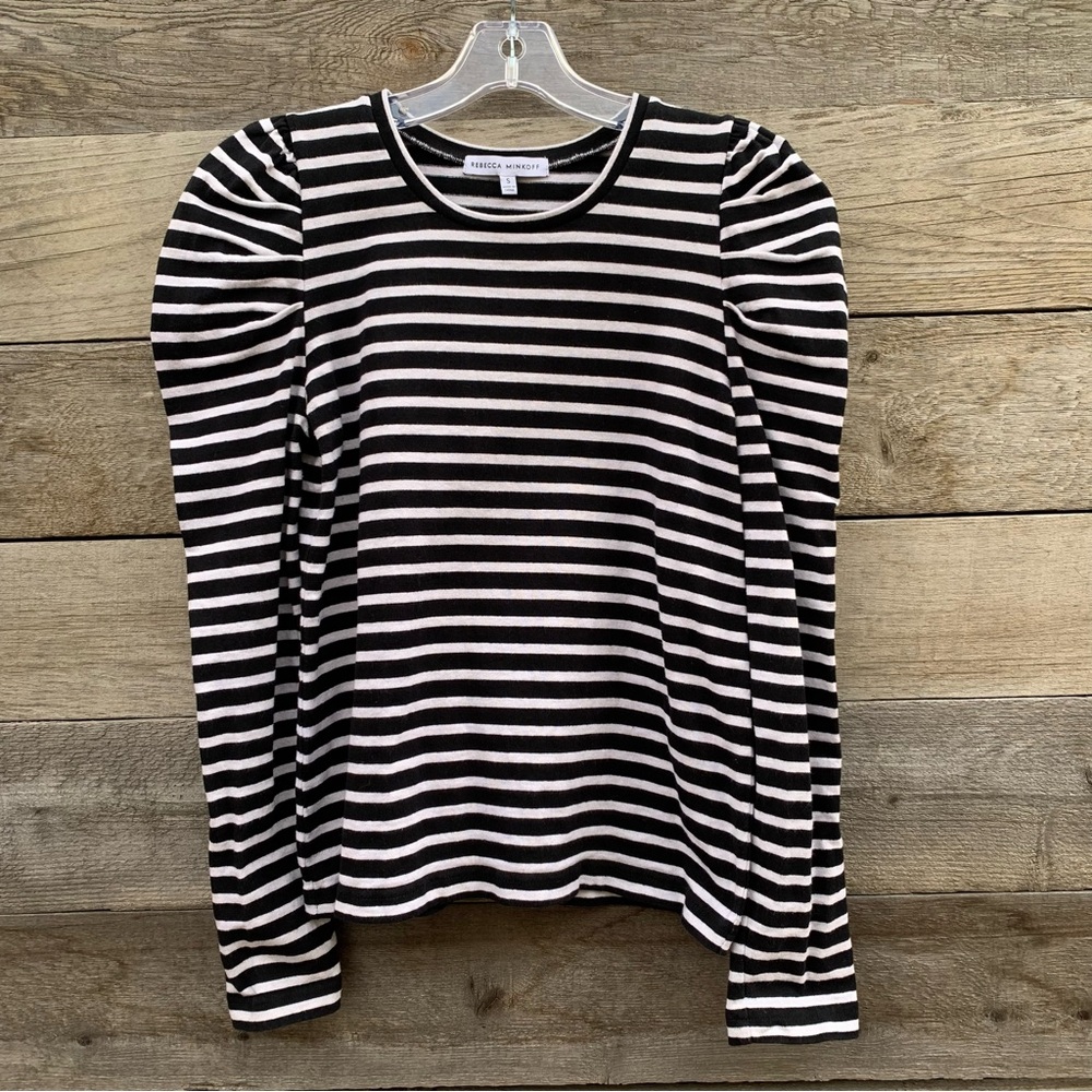 Rebecca Minkoff Top Tee Womens S Talia Striped Puff Sleeve Black White Preppy
